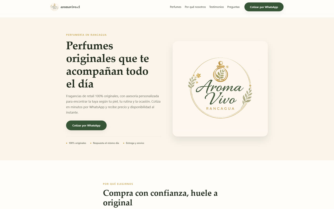 Portada del sitio de Aroma Vivo, con su logo y el botón para cotizar por WhatsApp.