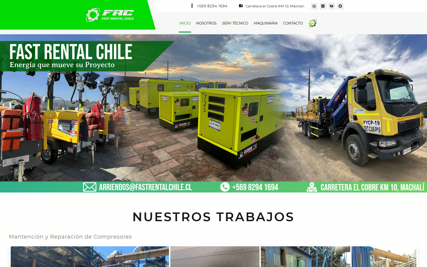 Portada del sitio de Fast Rental Chile, con la maquinaria de arriendo y el teléfono a la vista.
